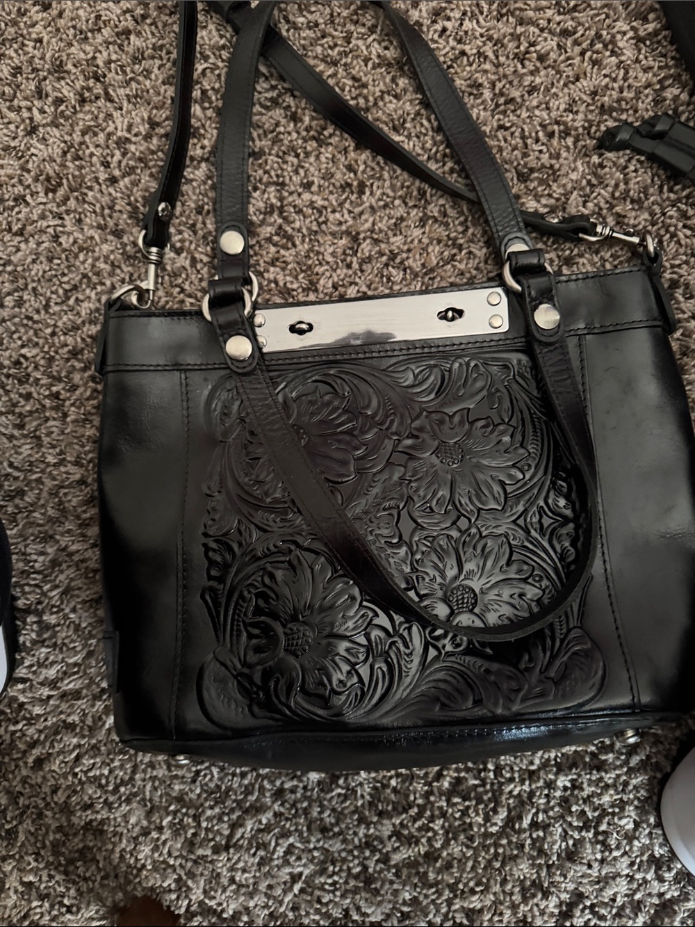 Patricia Nash Black Floral Embossed Leather Tote with Metal Accent